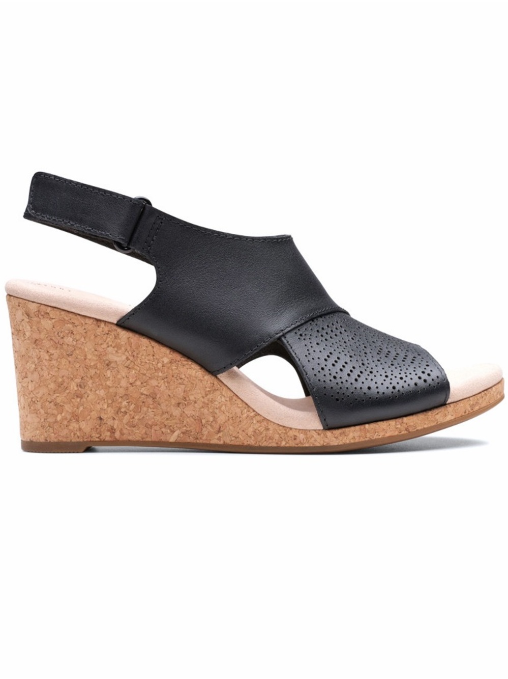 Clarks Black Perforated Leather Cork Wedge Sandal